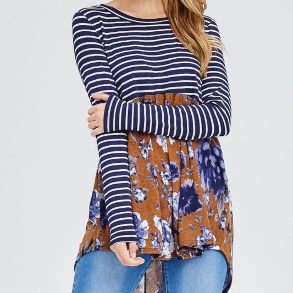 NWT Navy Striped & Floral Mixed Print Long Sleeve Tunic Top